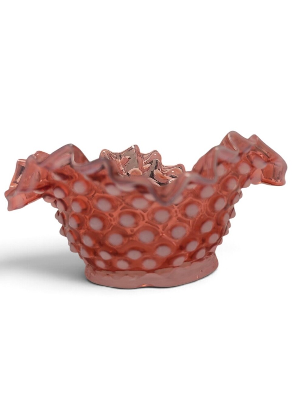 VINTAGE Fenton Hobnail Ruffled Bowl Glass Cranberry Pink Red White BonBon Dish - Picture 9 of 10